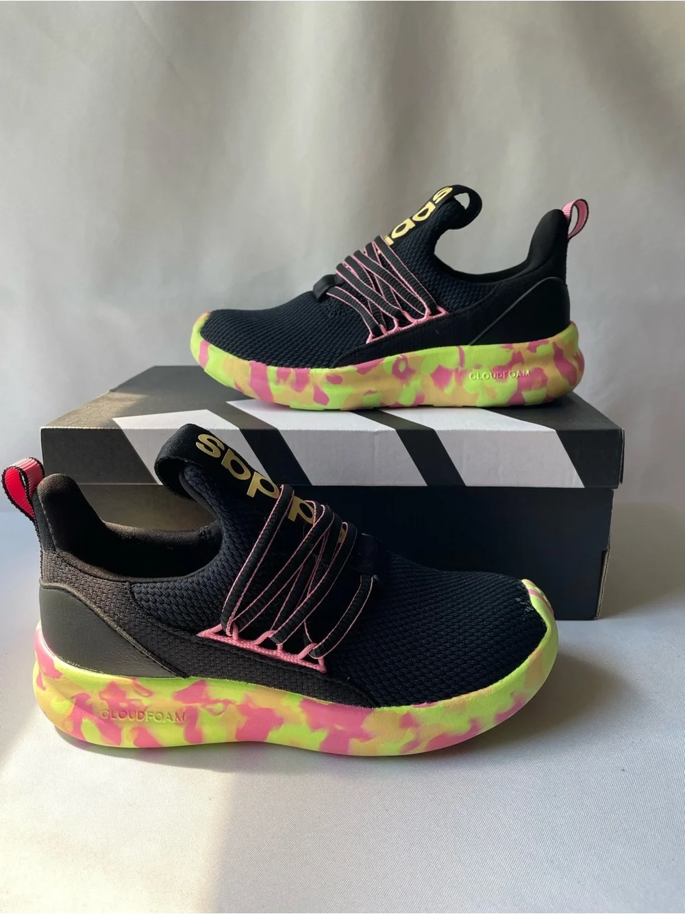 Adidas Kids Black Athletic Sneakers with Neon Pink & Yellow Sole